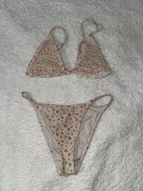 Aerie Beige Polka-Dot Triangle Bikini Set W Lace Trim